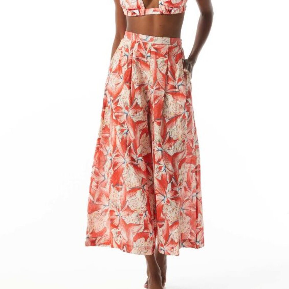 NWT Carmen Marc Valvo CROPPED WIDE LEG COVER UP PANTS TIGER LILY Campari Red L